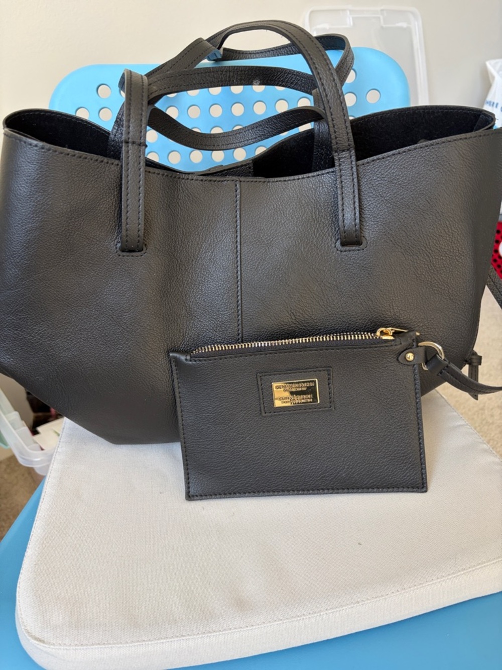 Black Leather Tote with Removable Pouch